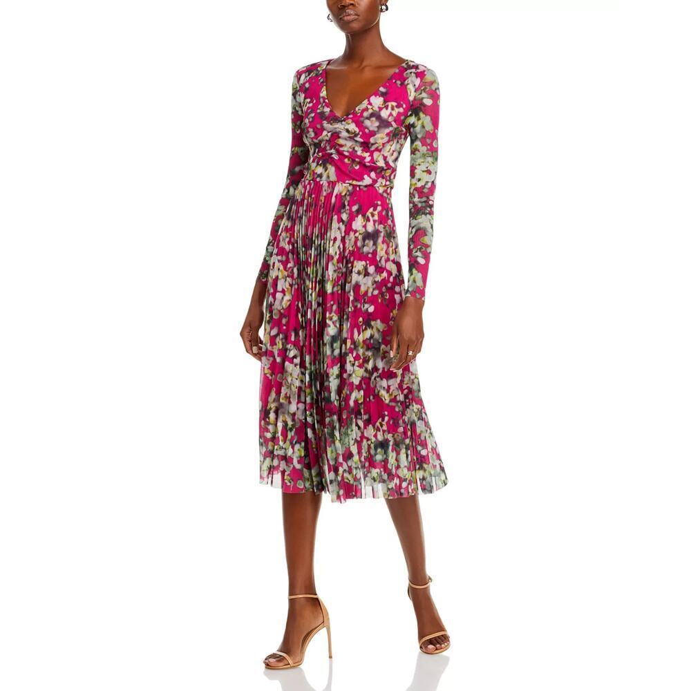 NWT BOSS Erlissi Floral Print Pleated Midi Dress Size XS Pink #9A601